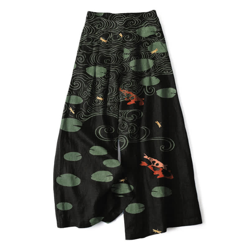 Buddha Stones Cotton Linen Lotus Leaf Koi Fish Ripple Pattern Women's Elastic Waist Wide Leg Pants With Pockets - Black - US16，UK/AU20，EU48 (3XL) - image 0