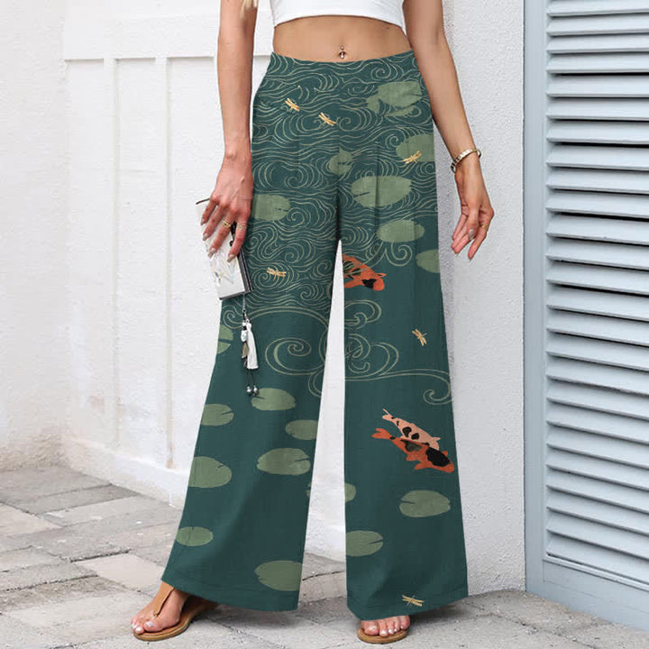 Buddha Stones Cotton Linen Lotus Leaf Koi Fish Ripple Pattern Women's Elastic Waist Wide Leg Pants With Pockets - image 8