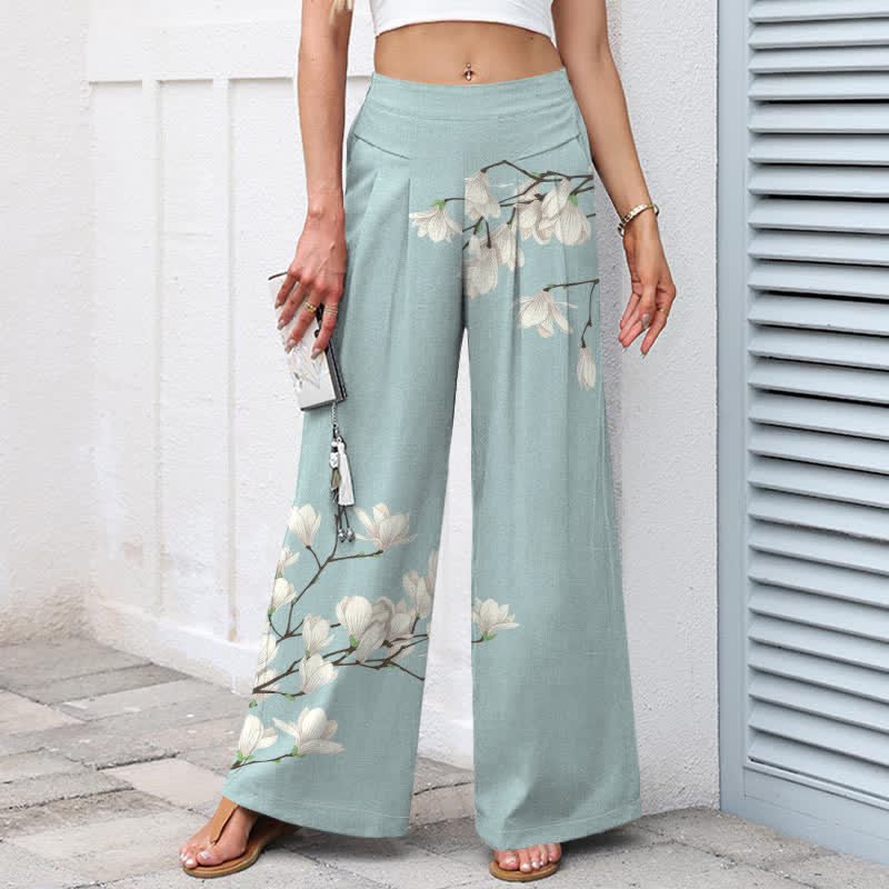 Buddha Stones Cotton Linen Vintage Floral Pattern Women's Elastic Waist Wide Leg Pants With Pockets - image 1