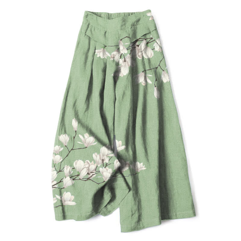 Buddha Stones Cotton Linen Vintage Floral Pattern Women's Elastic Waist Wide Leg Pants With Pockets - PaleGreen - US16，UK/AU20，EU48 (3XL) - image 5
