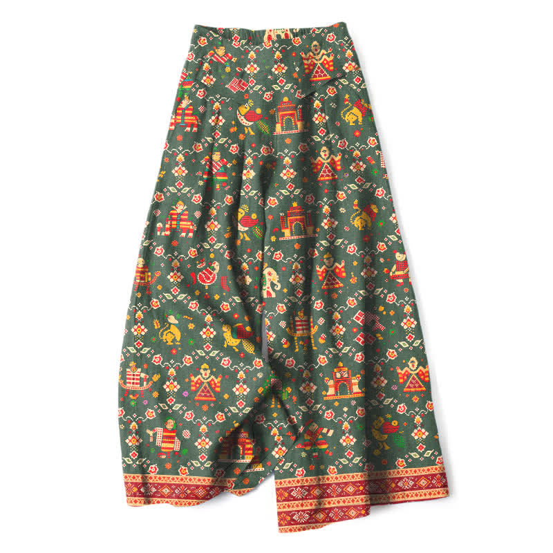 Buddha Stones Cotton Linen Bohemian Geometric Pattern Women's Elastic Waist Wide Leg Pants With Pockets - DarkOliveGreen - US16，UK/AU20，EU48 (3XL) - image 5