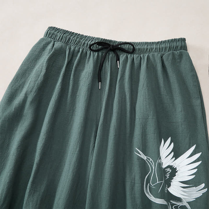 Buddha Stones Summer Casual Vintage Drawstring Crane Print Capri Pants Men's Harem Pants With Pocket - image 4