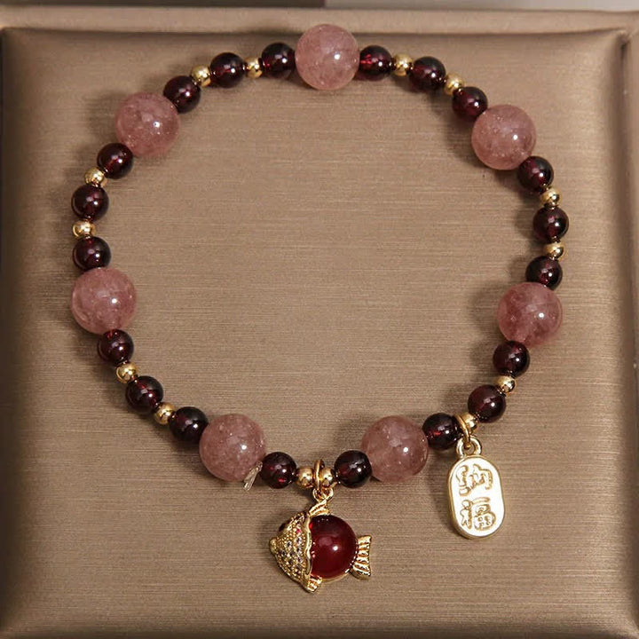 Buddha Stones Strawberry Quartz Garnet Koi Fish Fu Character Healing Bracelet - image 3