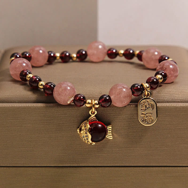 Buddha Stones Strawberry Quartz Garnet Koi Fish Fu Character Healing Bracelet - Koi Fish(Success ♥ Determination) - image 0