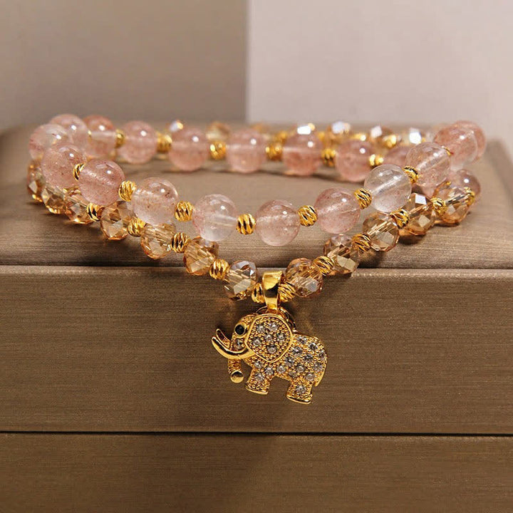 Buddha Stones Double Wrap Strawberry Quartz Elephant Healing Bracelet - Elephant(Strength ♥ Wisdom) - image 0