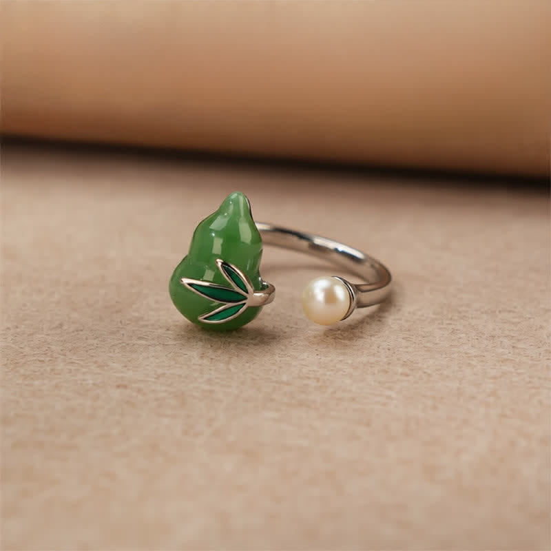 Buddha Stones Green Aventurine Gourd Pearl Leaf Open Adjustable Positivity Ring - image 1