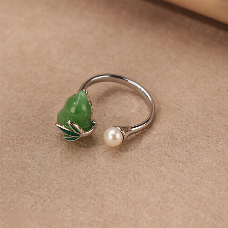 Buddha Stones Green Aventurine Gourd Pearl Leaf Open Adjustable Positivity Ring - image 2