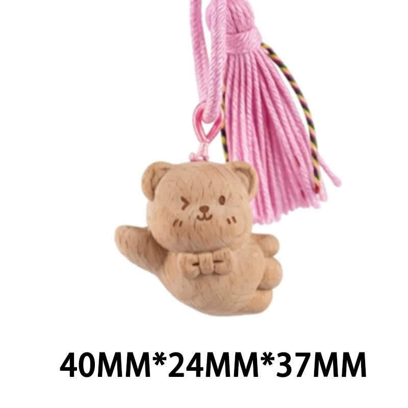 Buddha Stones Hand-Carved Light Wood Lucky Cat Tassel Grounding Keychains - Pink Bear - image 34