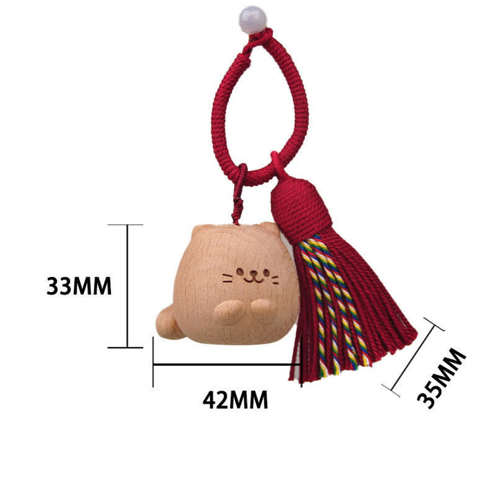 Buddha Stones Hand-Carved Light Wood Lucky Cat Tassel Grounding Keychains - Burgundy Chubby Cat - image 2