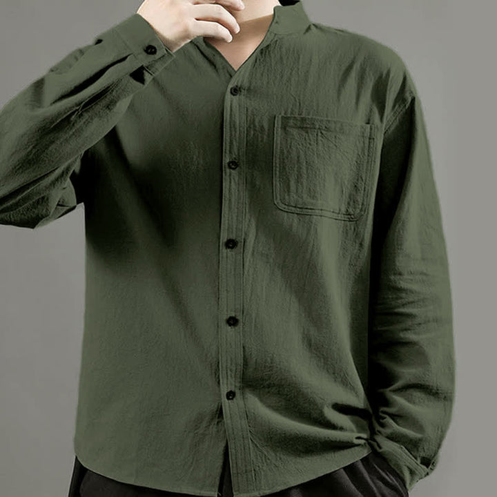 Buddha Stones Men's Long Sleeve Shirt With Pocket Stand Collar Comfort Shirt - image 2