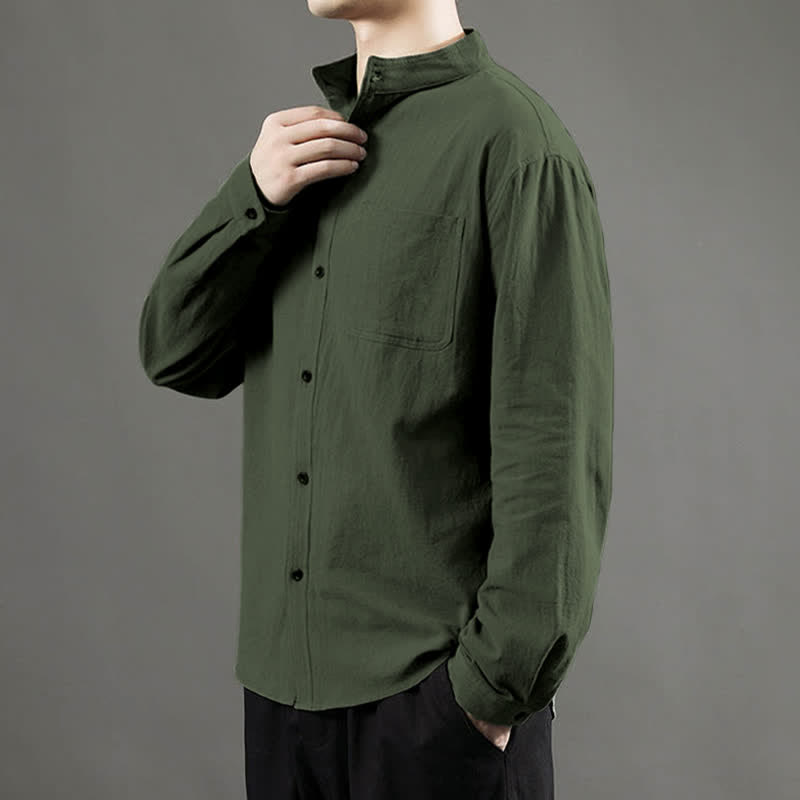 Buddha Stones Men's Long Sleeve Shirt With Pocket Stand Collar Comfort Shirt - image 5