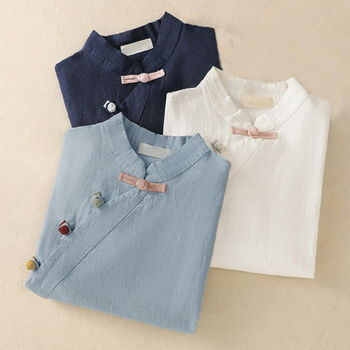 Buddha Stones Casual Plain Slant Stand Collar Collar Colorful Frog-Button Tang Suit Women's Cotton Linen Three Quarter Sleeve Shirt - image 25
