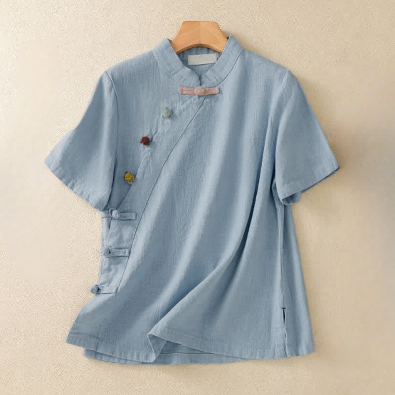 Buddha Stones Casual Plain Slant Stand Collar Collar Colorful Frog-Button Tang Suit Women's Cotton Linen Three Quarter Sleeve Shirt - LightSkyBlue - US8-10，UK/AU12-14，EU40-42 (2XL) - image 15