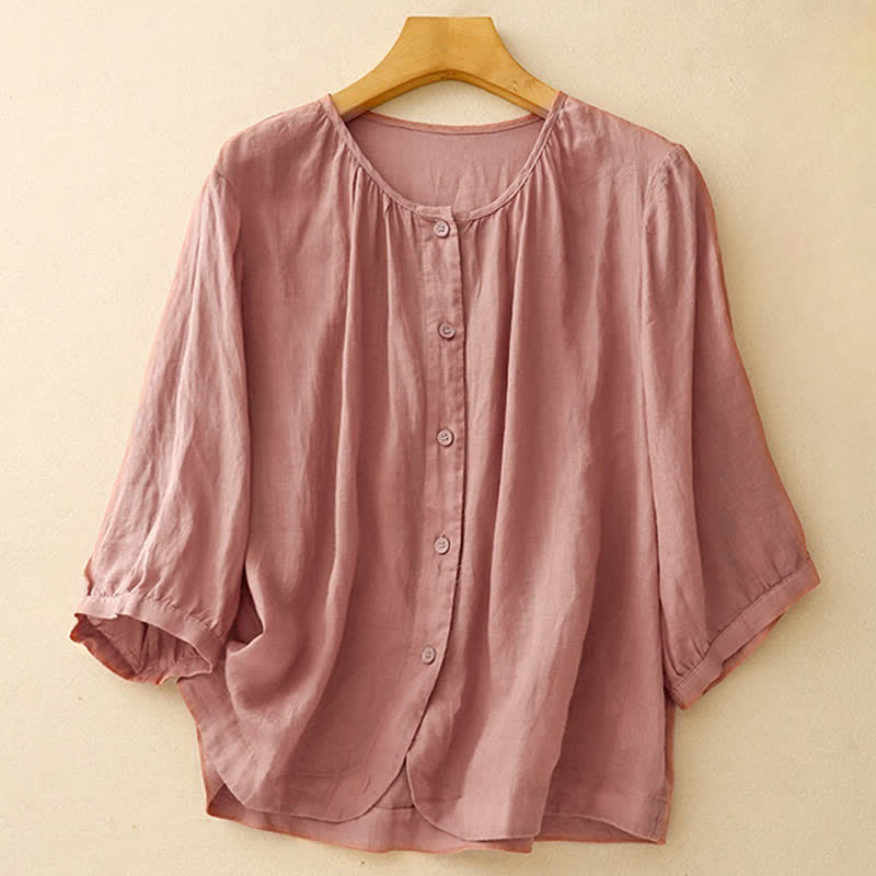 Buddha Stones Plain Button Crew Neck Design Women's  blend Three Quarter Sleeve Shirt - PaleVioletRed - US12，UK/AU16，EU44 (2XL) - image 6