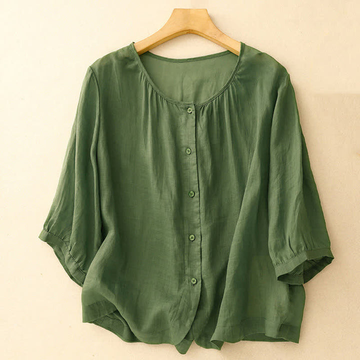 Buddha Stones Plain Button Crew Neck Design Women's Blend Three Quarter Sleeve Shirt - Green - US12，UK/AU16，EU44 (2XL) - image 22