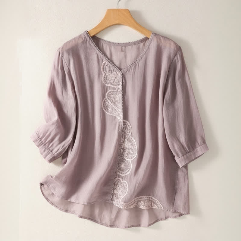 Buddha Stones Casual Embroidered Pattern Women's V-neck Design Half Sleeve T-shirt - Plum - US14，UK/AU18，EU46 (2XL) - image 0