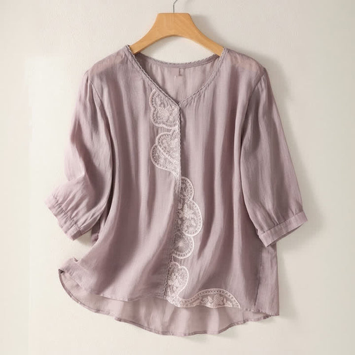 Buddha Stones Casual Embroidered Pattern Women's V-neck Design Half Sleeve T-shirt - Plum - US14，UK/AU18，EU46 (2XL) - image 0