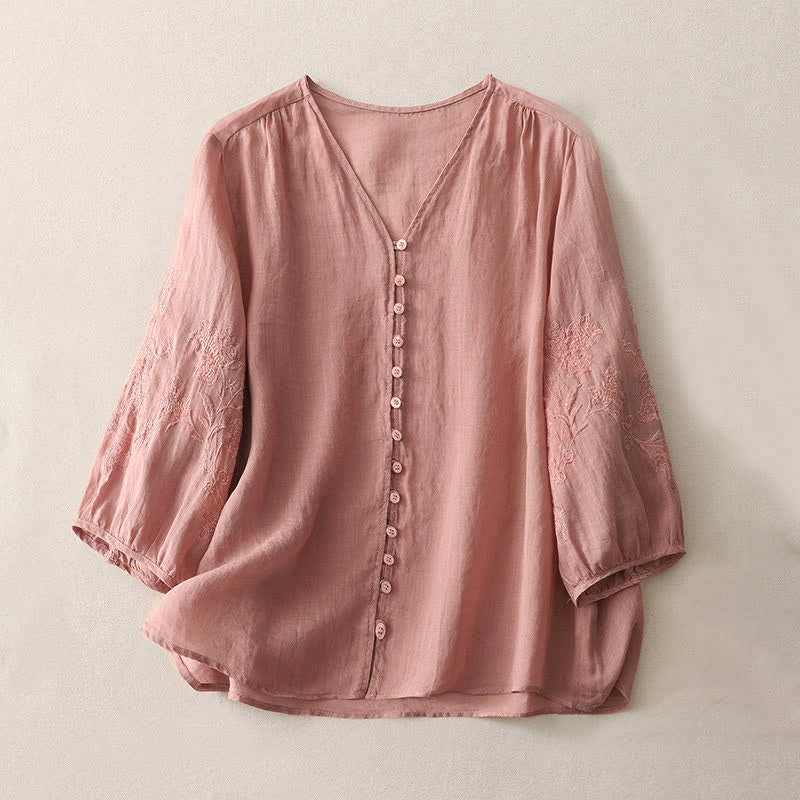 Buddha Stones Embroidery Button-down Women's Shirt - LightSalmon - US8-10，UK/AU12-14，EU40-42 (2XL) - image 21