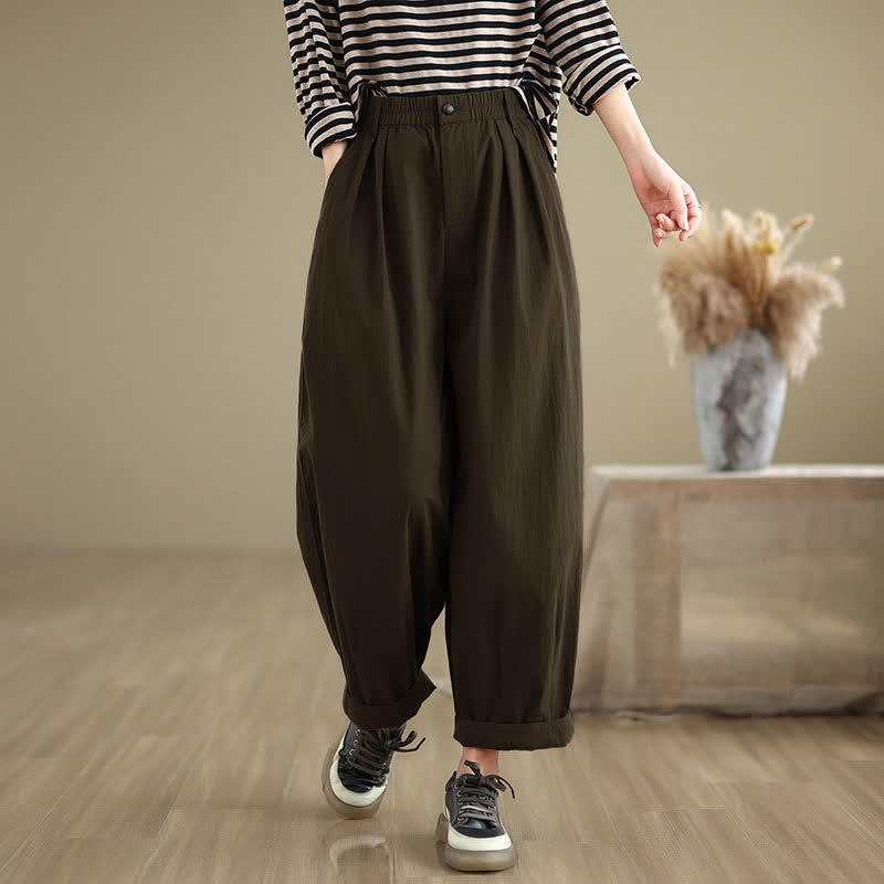 Buddha Stones Casual Solid Color One Top Button Elastic Waistband Women's Pants With Pockets - image 3