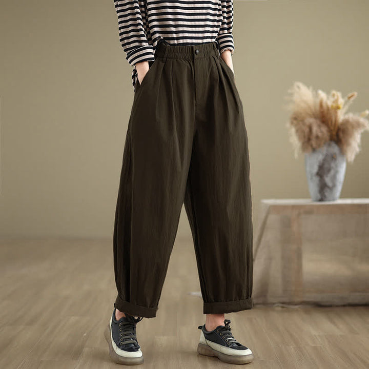 Buddha Stones Casual Solid Color One Top Button Elastic Waistband Women's Pants With Pockets - SaddleBrown - US8-10，UK/AU12-14，EU40-42 (2XL) - image 0