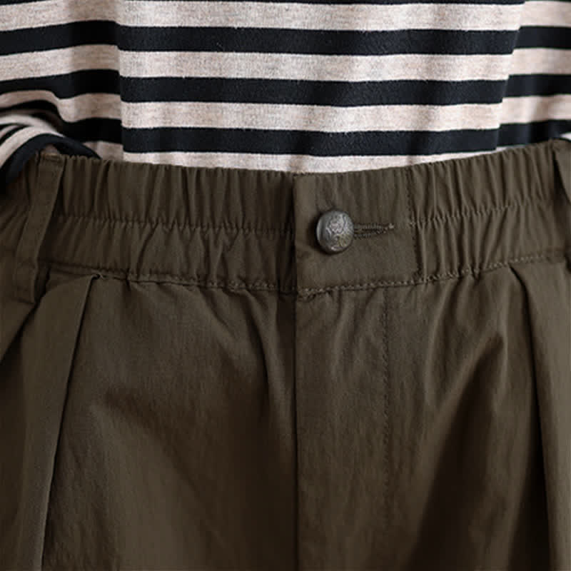 Buddha Stones Casual Solid Color One Top Button Elastic Waistband Women's Pants With Pockets - image 6