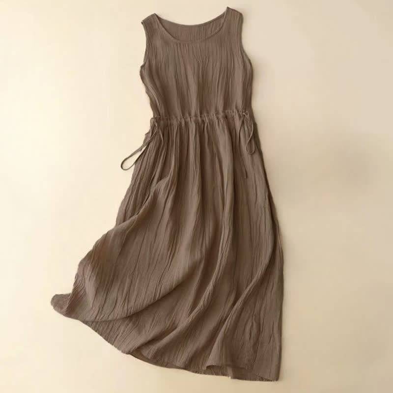 Buddha Stones Casual Plain Handmade Drawstring Waist Midi Dress Sleeveless Dress With Pockets - BurlyWood - US8-10，UK/AU12-14，EU40-42 (2XL) - image 0