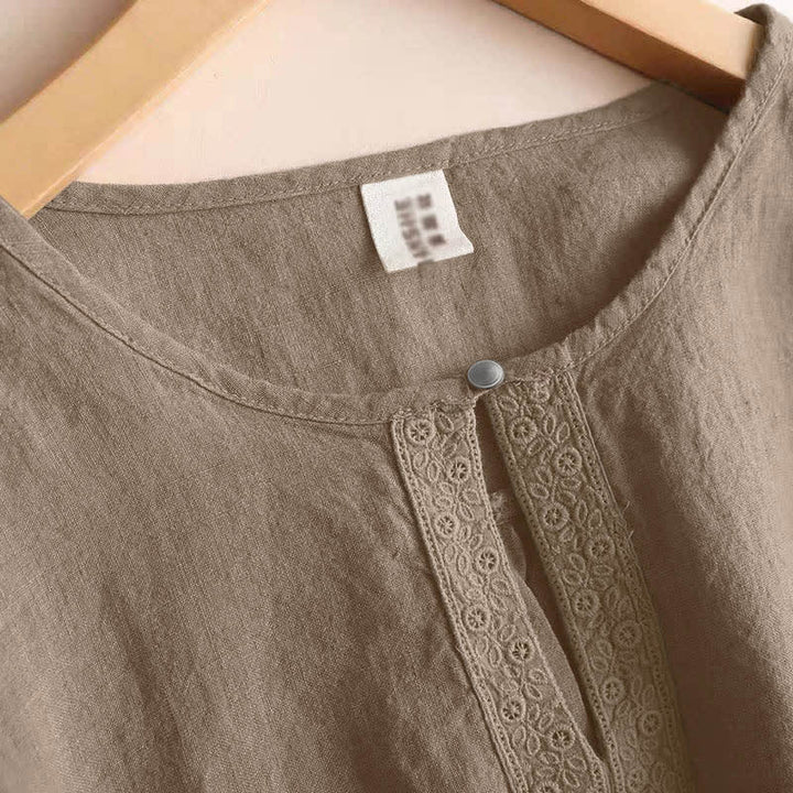Buddha Stones Casual Plain Women's Hollow Crew Neck Design Three Quarter Sleeve Shirt - image 2