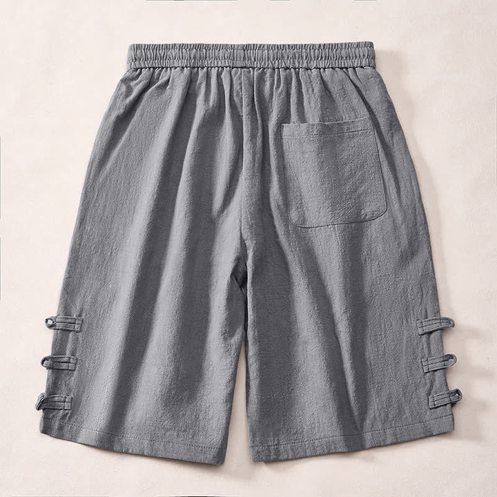 Buddha Stones Summer Casual Minimalist Drawstring Solid Decorative Side Frog Button Men's Shorts With Pockets - image 1