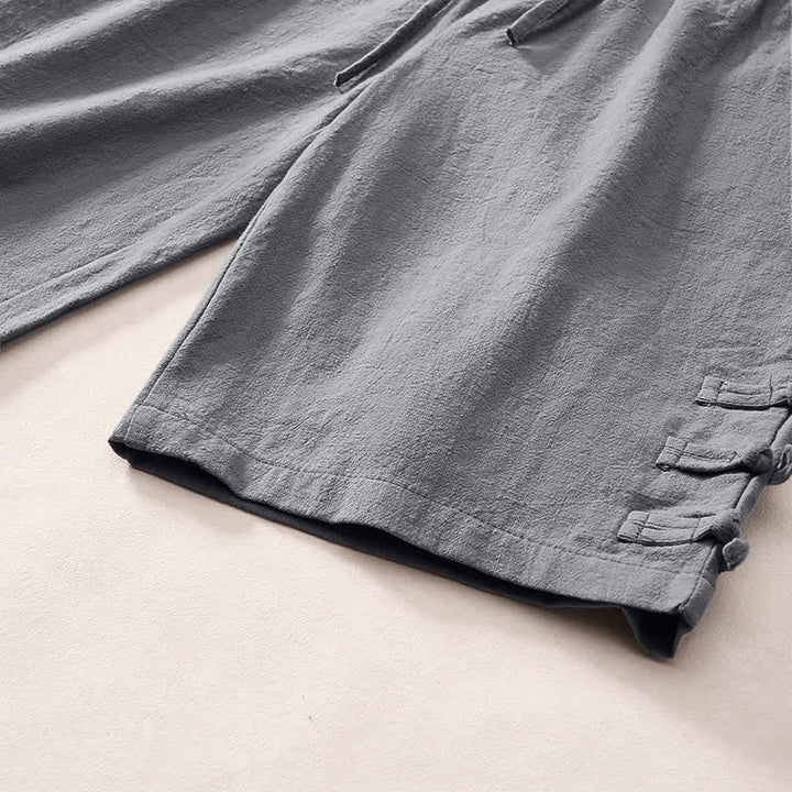 Buddha Stones Summer Casual Minimalist Drawstring Solid Decorative Side Frog Button Men's Shorts With Pockets - image 5