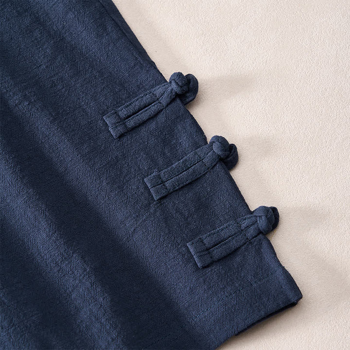 Buddha Stones Summer Casual Minimalist Drawstring Solid Decorative Side Frog Button Men's Shorts With Pockets - image 13