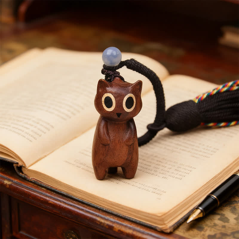 Buddha Stones Hand-Carved Peach Wood Cat Tassel Wealth Keychains - Peach Wood(Wealth ♥ Luck) - image 0