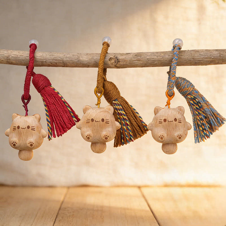 Buddha Stones Hand-Carved Natural Wood Lucky Cat Tassel Balance Keychains - image 7