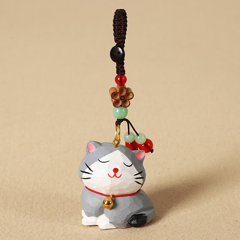 Buddha Stones Carved Wood Cat Om Mani Padme Hum Focus Keychains - Gray Cat - image 12