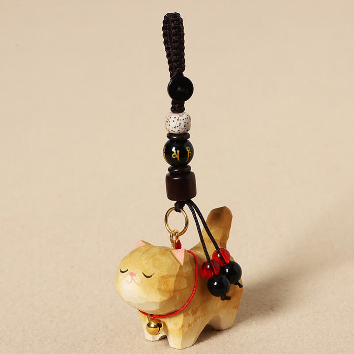 Buddha Stones Carved Wood Cat Om Mani Padme Hum Peace Keychains - Om Mani Padme Hum Yellow Cat - image 7