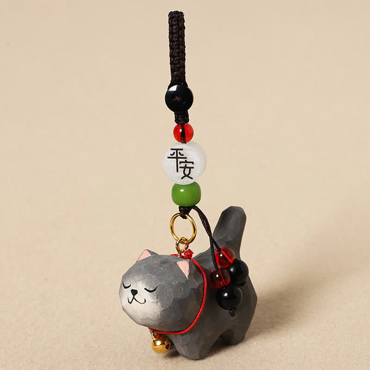 Buddha Stones Carved Wood Cat Om Mani Padme Hum Peace Keychains - Peaceful Dark Gray Cat - image 12