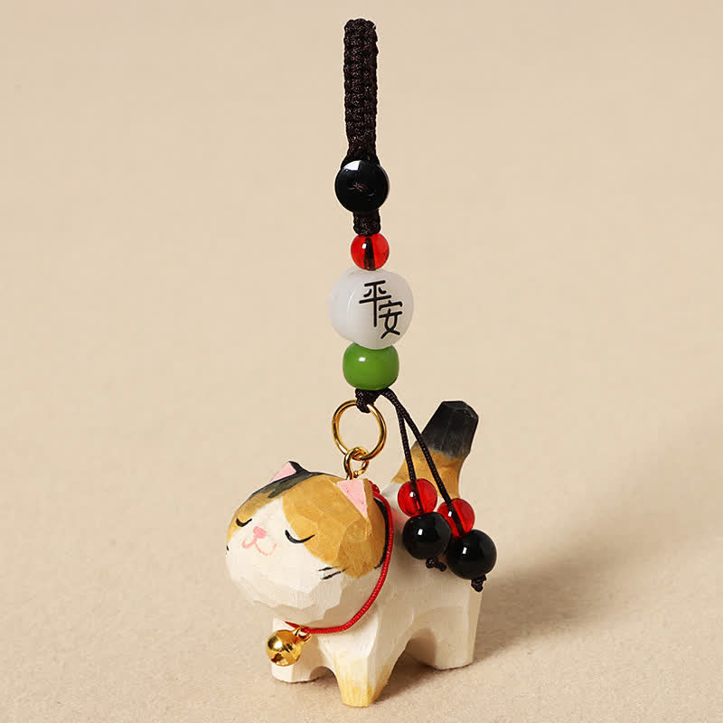 Buddha Stones Carved Wood Cat Om Mani Padme Hum Peace Keychains - Peaceful Tricolor Cat - image 9