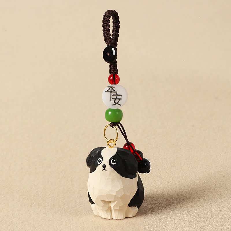 Buddha Stones Carved Wood Dog Om Mani Padme Hum Wisdom Keychains - Safe Black And White Dog - image 1