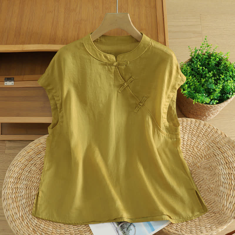 Buddha Stones Summer Tang Style Casual Frog Button Solid Tank Top Women's Sleeveless Shirts - DarkKhaki - US12, UK/AU16, EU44 (2XL) - image 0