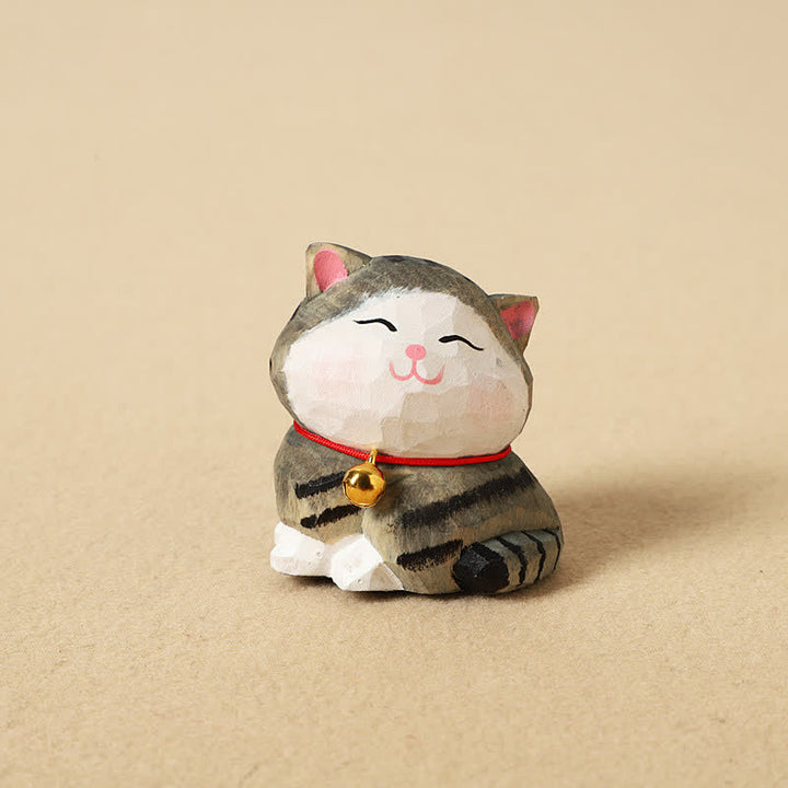 Buddha Stones Hand Carved Natural Wood Balance Cat Keychain Cute Animal Decor - Striped - image 3