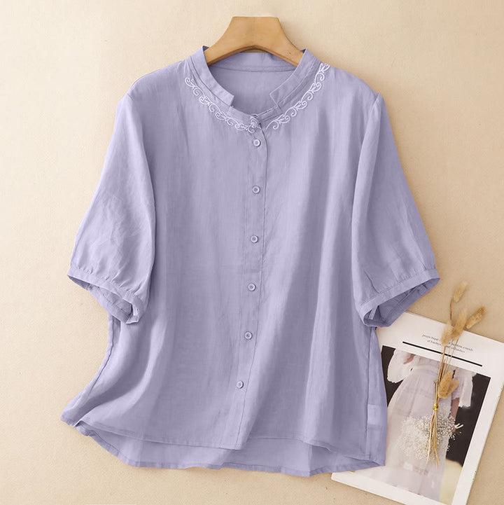 Buddha Stones Summer Casual Elegant Tang Style Vine Embroidery Crew Neck Button-Up Solid Women's Short Sleeve Shirts - Thistle - US8-10, UK/AU12-14, EU40-42 (2XL) - image 0