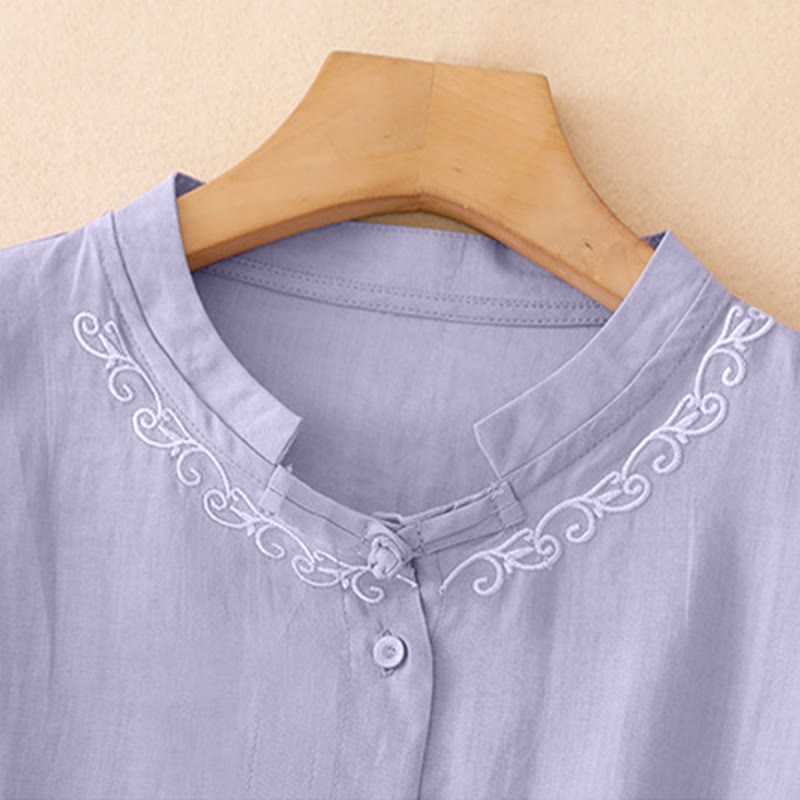 Buddha Stones Summer Casual Elegant Tang Style Vine Embroidery Crew Neck Button-Up Solid Women's Short Sleeve Shirts - image 1
