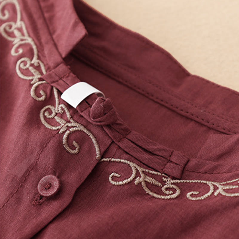 Buddha Stones Summer Casual Elegant Tang Style Vine Embroidery Crew Neck Button-Up Solid Women's Short Sleeve Shirts - image 19