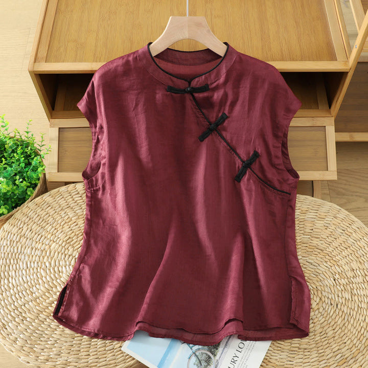 Buddha Stones Summer Tang Style Casual Frog Button Solid Tank Top Women's Sleeveless Shirts - image 8