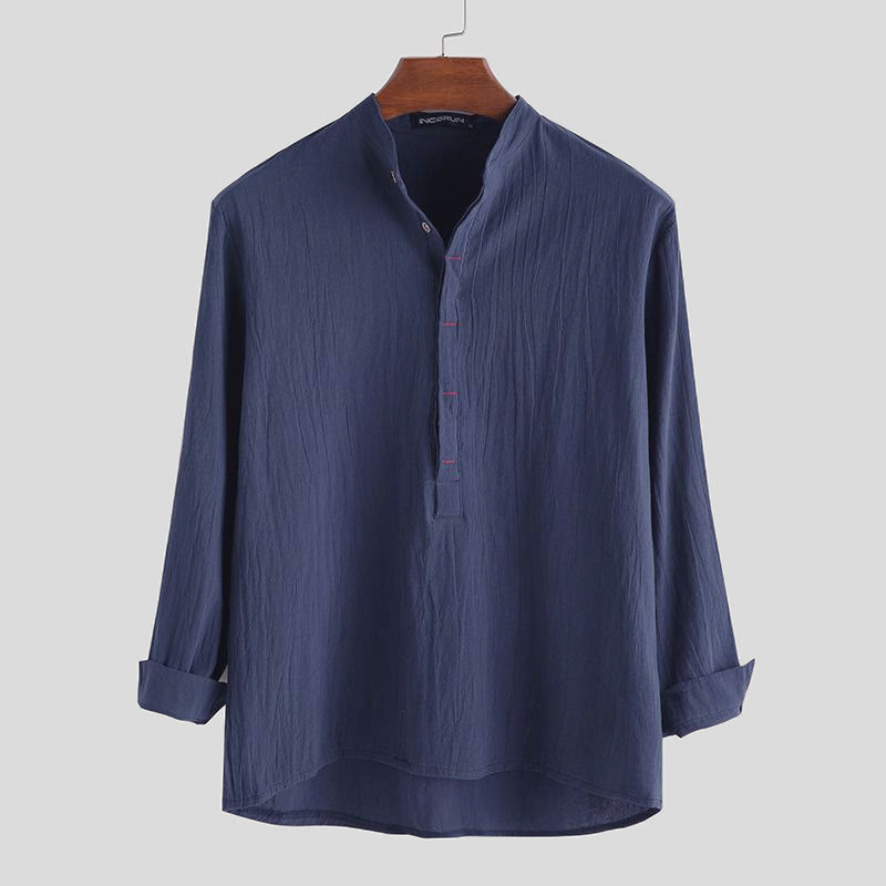 Buddha Stones Solid Color Half Buttons Long Sleeve Cotton Men's Shirts - SteelBlue - US/UK/AU42，EU52 (3XL) - image 4