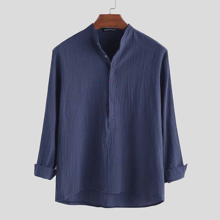 Buddha Stones Solid Color Half Buttons Long Sleeve Cotton Men's Shirts - SteelBlue - US/UK/AU42，EU52 (3XL) - image 4