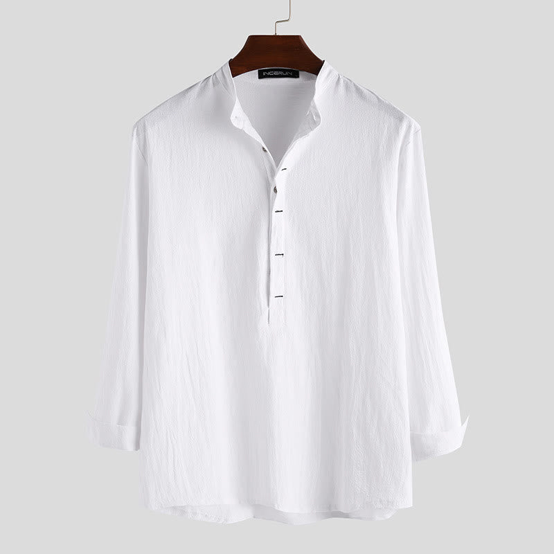 Buddha Stones Solid Color Half Buttons Long Sleeve Cotton Men's Shirts - White - US/UK/AU42，EU52 (3XL) - image 0