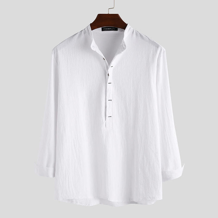 Buddha Stones Solid Color Half Buttons Long Sleeve Cotton Men's Shirts - White - US/UK/AU42，EU52 (3XL) - image 0
