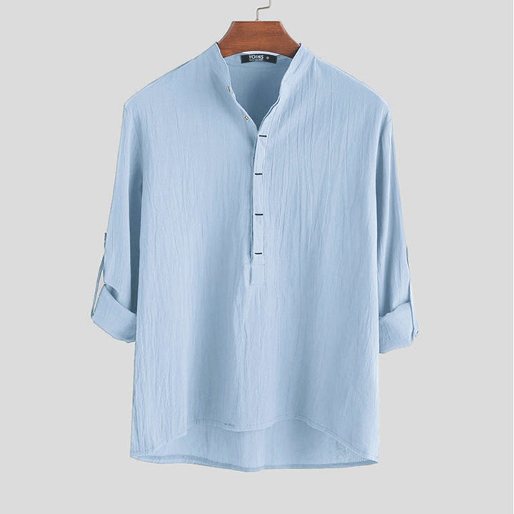 Buddha Stones Solid Color Half Buttons Long Sleeve Cotton Men's Shirts - LightSkyBlue - US/UK/AU42，EU52 (3XL) - image 3