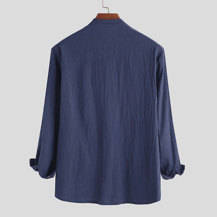 Buddha Stones Solid Color Half Buttons Long Sleeve Cotton Men's Shirts - image 5