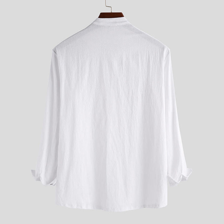 Buddha Stones Solid Color Half Buttons Long Sleeve Cotton Men's Shirts - image 2
